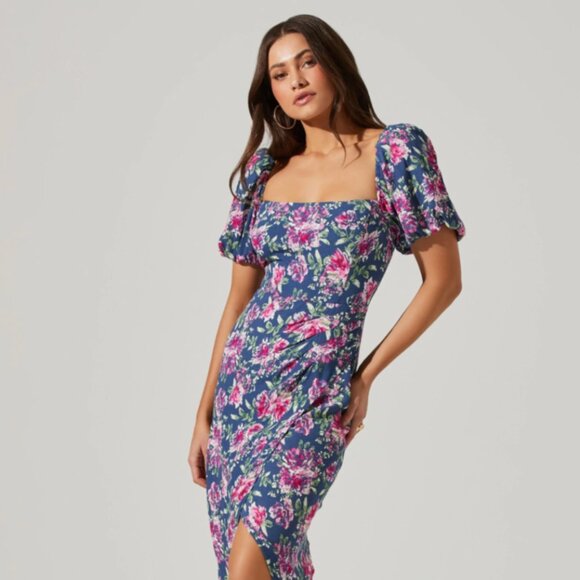 NWT ASTR Floral Square Neck Slit Front Midi Dres - Picture 1 of 6